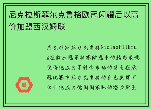 尼克拉斯菲尔克鲁格欧冠闪耀后以高价加盟西汉姆联