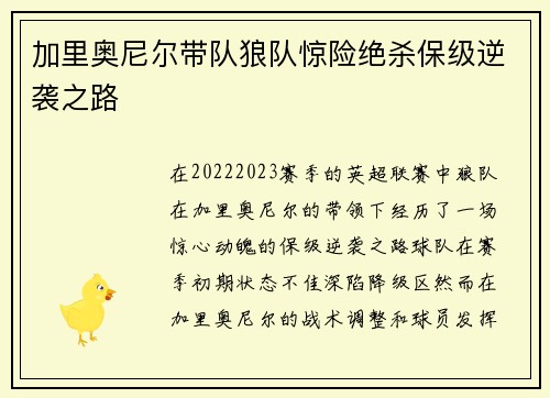 加里奥尼尔带队狼队惊险绝杀保级逆袭之路