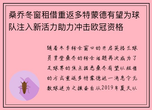 桑乔冬窗租借重返多特蒙德有望为球队注入新活力助力冲击欧冠资格
