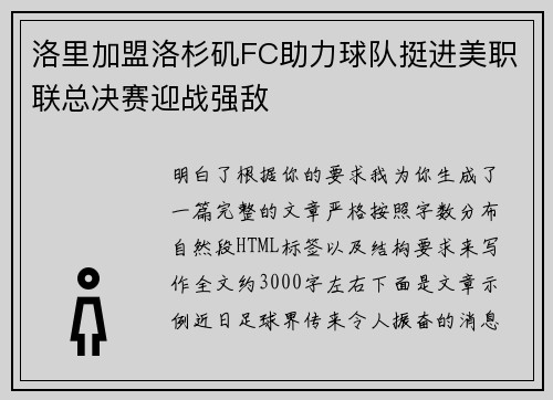 洛里加盟洛杉矶FC助力球队挺进美职联总决赛迎战强敌