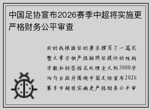 中国足协宣布2026赛季中超将实施更严格财务公平审查 中国足协宣布2026赛季中超将实施更严格财务公平审查